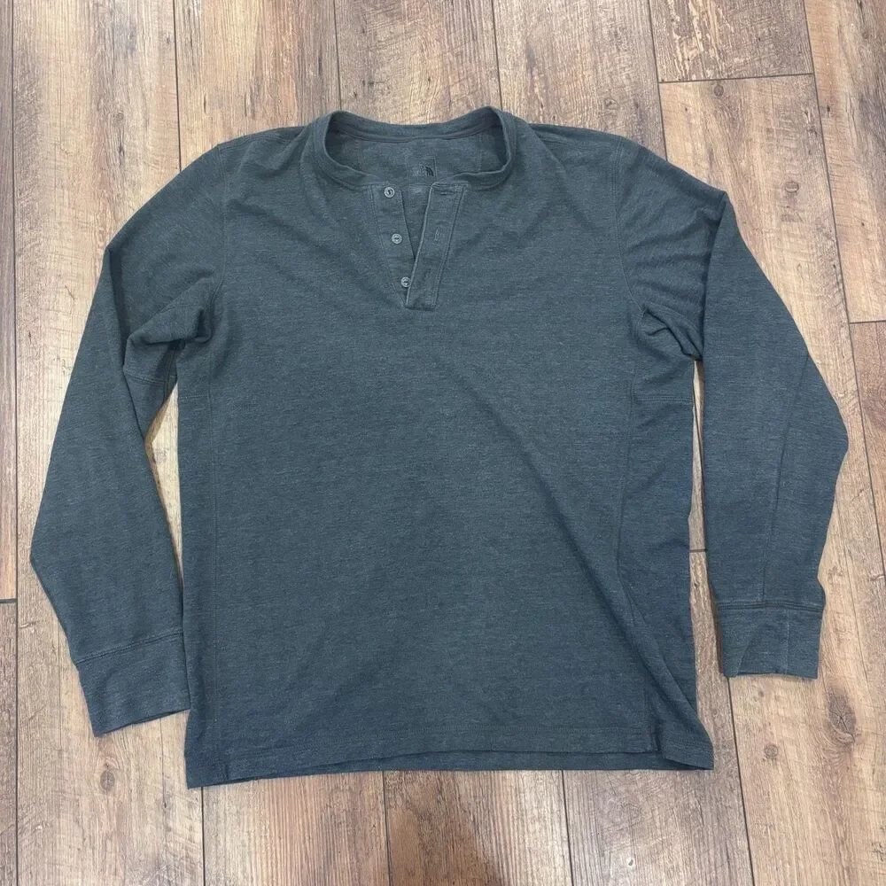 The North Face Terry Long Sleeve Henley Shirt Dark Gray Pullover Mens Sz L Large